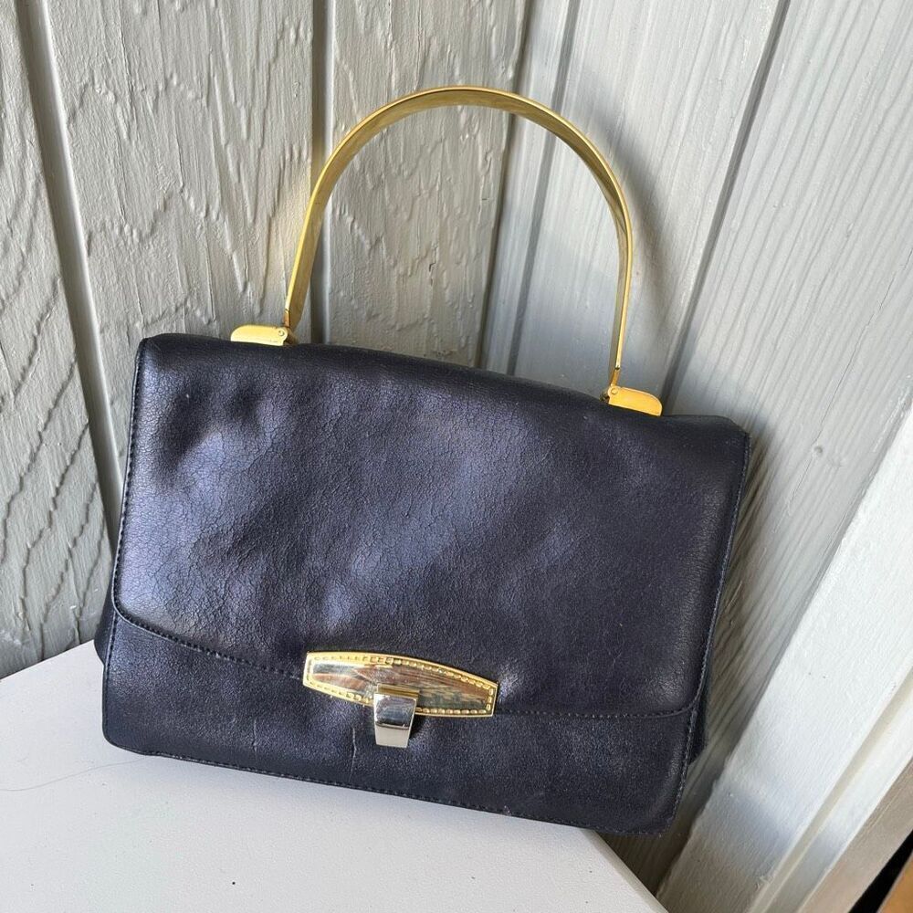 VTG 50s 60s Korent Navy Genuine Leather Top Handle Bag Gold Hardware Red Lining